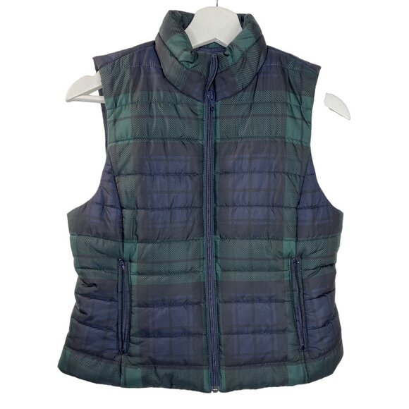 Loft Blue Plaid Puffer Vest Women’s Small Petite Quilted Zip Outerwear - Picture 1 of 14